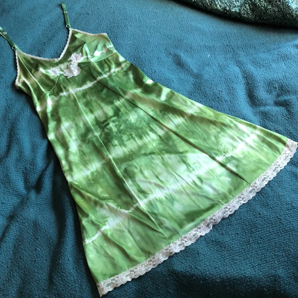 S/M Vintage Sears Tie Dye Full Slip Dress Bust Green Funky Mod Boudoir Nightie